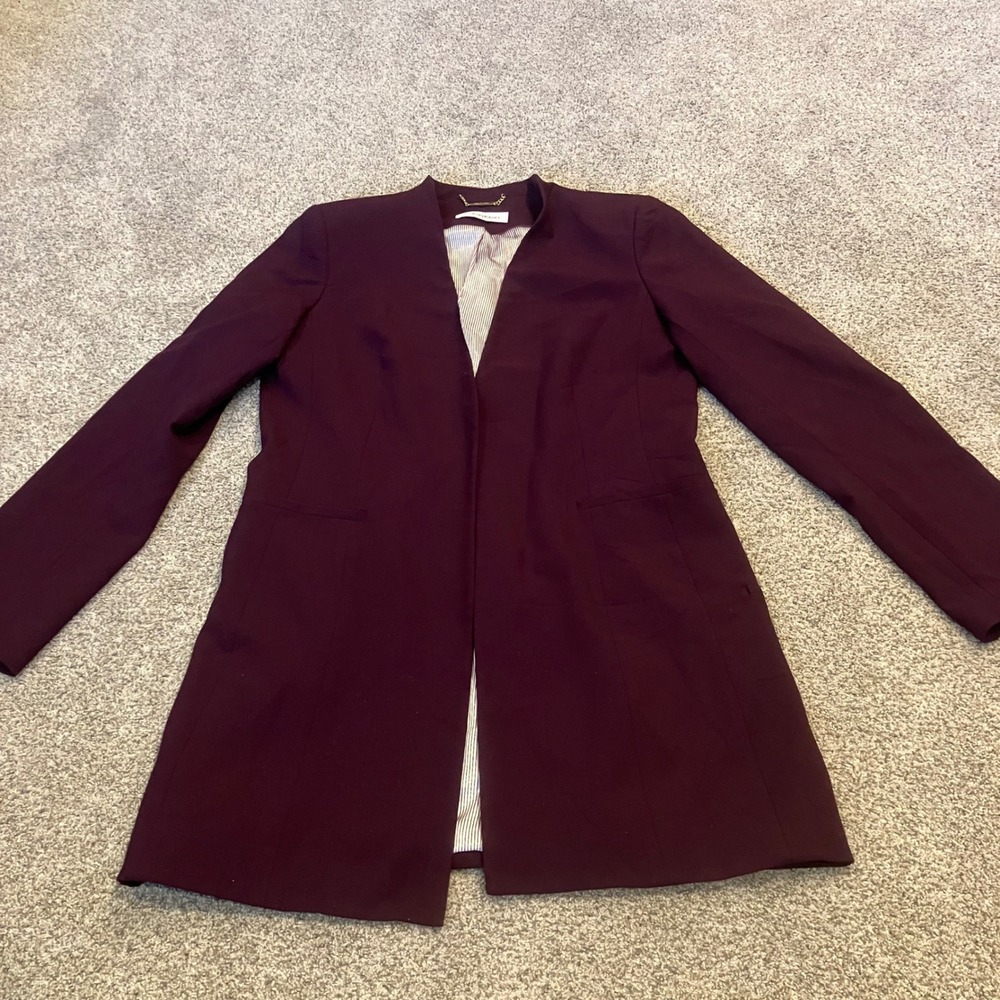 Calvin Klein Womens Plum Burgundy Open Front Longline Blazer Collarless Jacket M
